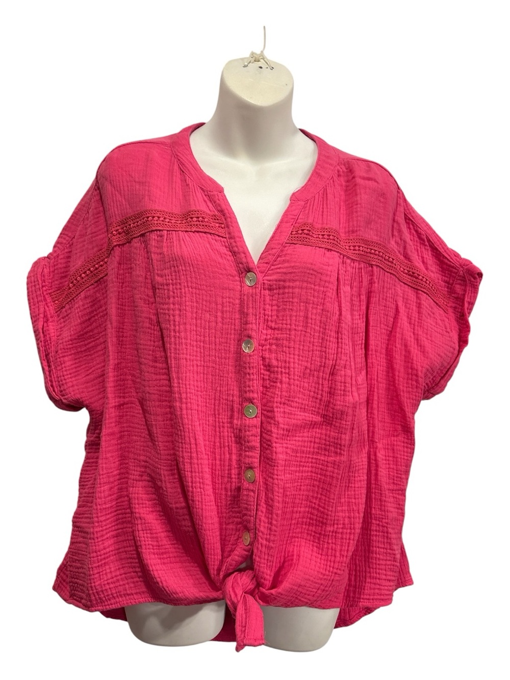Ruby Rd. Bright Hot Pink Button-Front Gauze Tie-Hem Top size XL